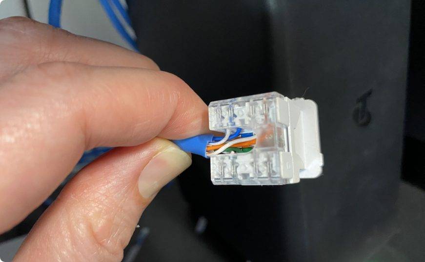 Jabel electrician holds Ethernet device in hand